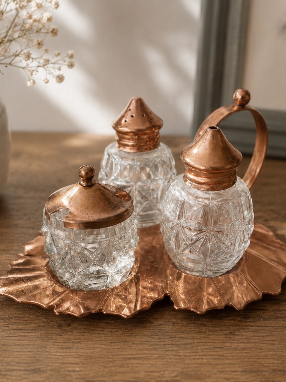 VINTAGE COPPER & GLASS CONDIMENT SET